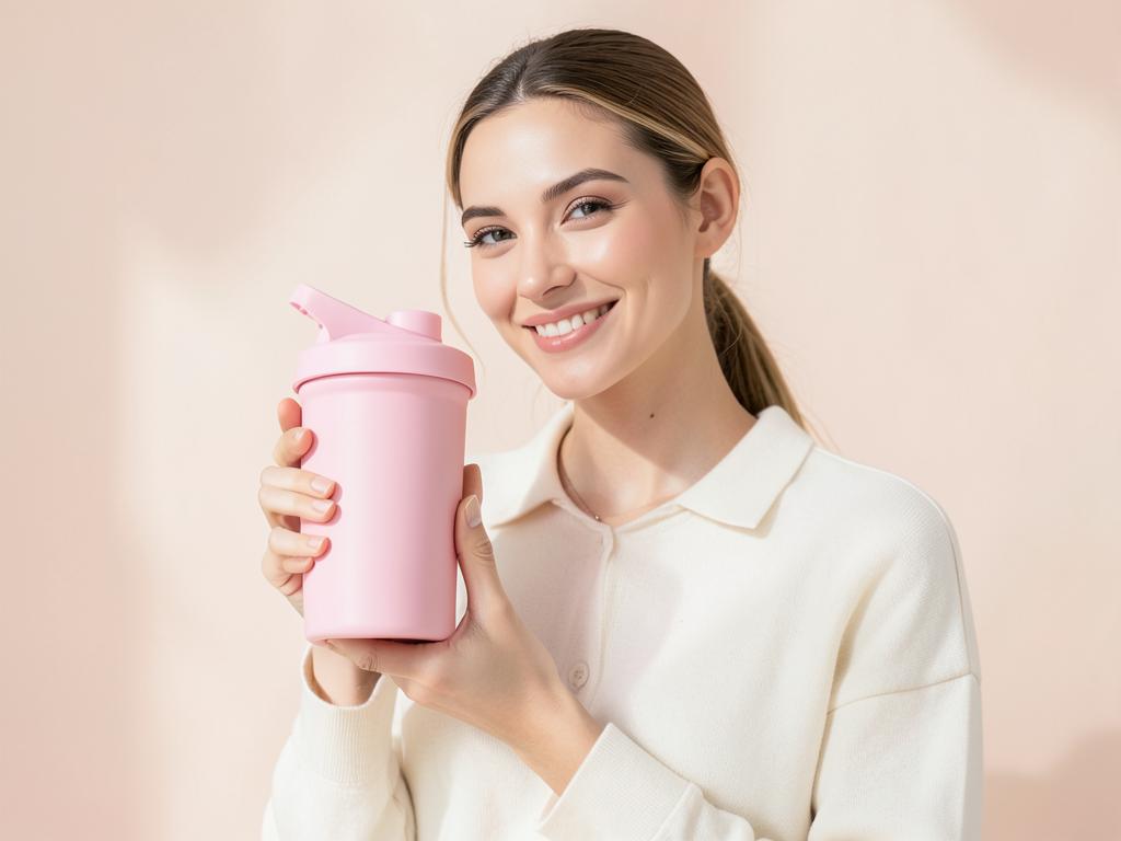 Protein.com customer holding a pink shaker