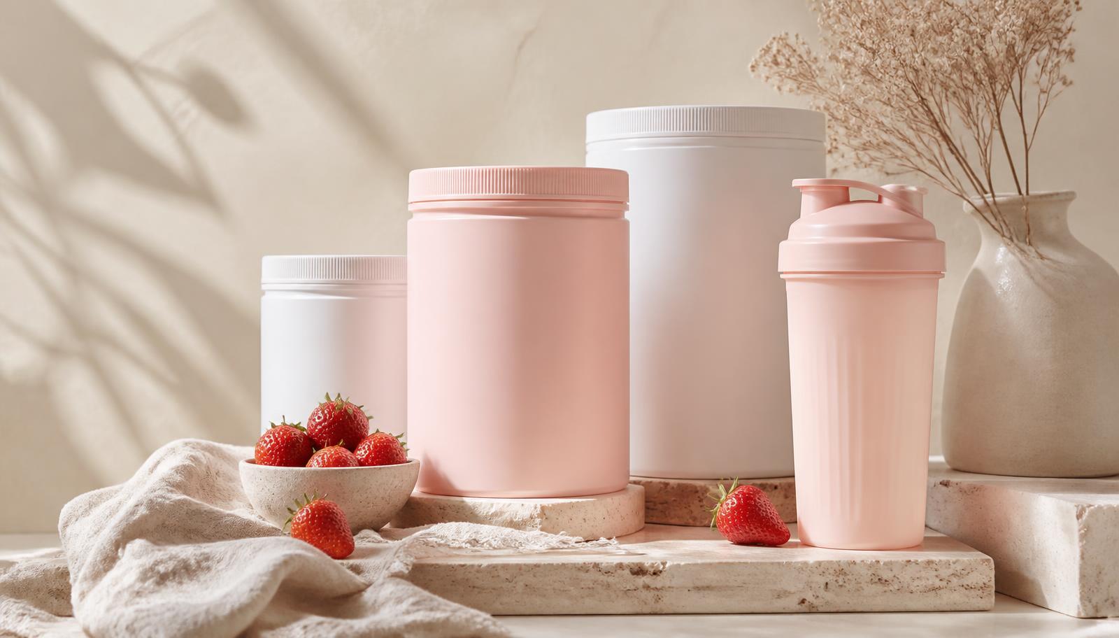 Protein.com bundle of protein tubs and a shaker on a warm stone plinth